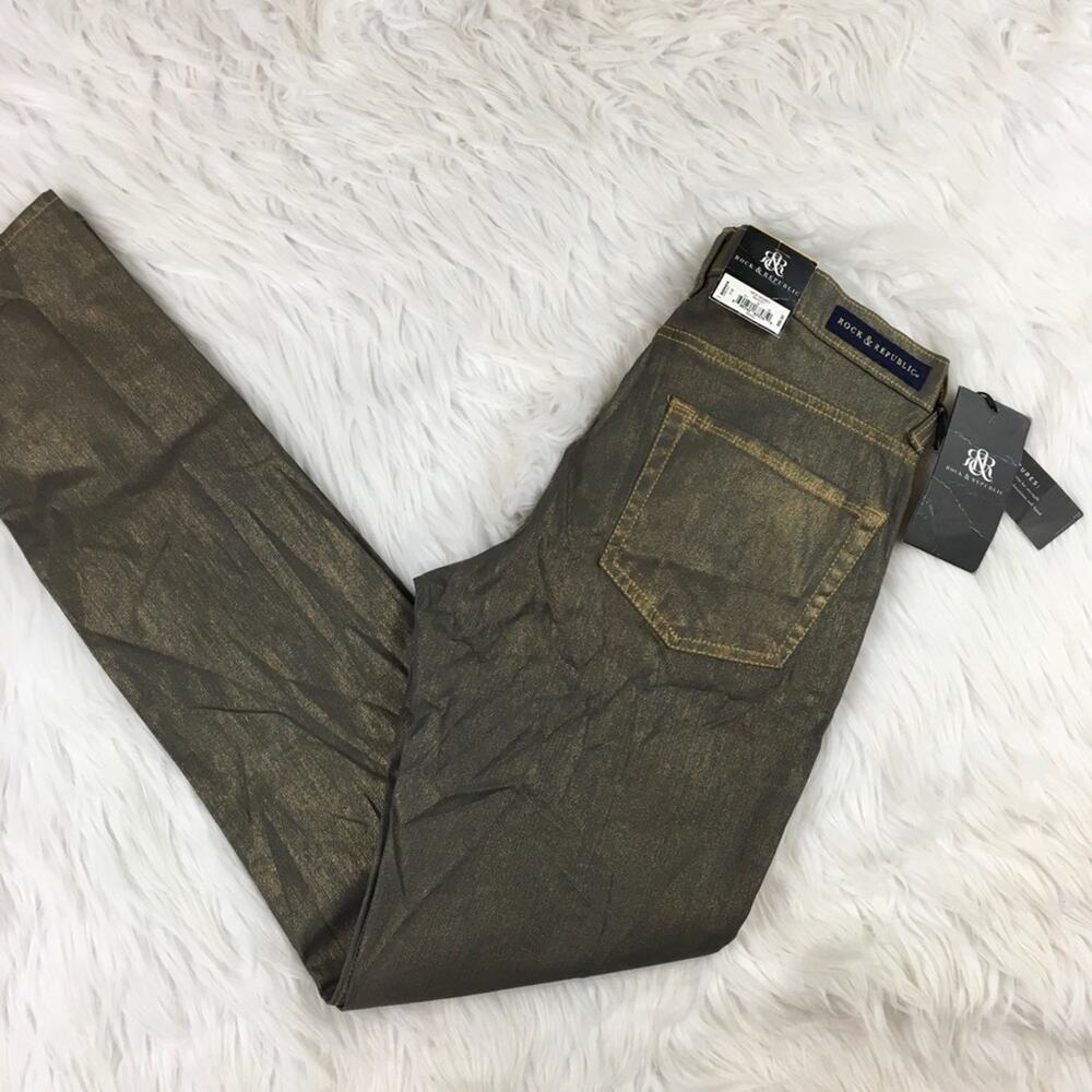 Rock & Republic Women's Straight Leg Jeans Dark Blue Size 6 Leg Metallic Wash